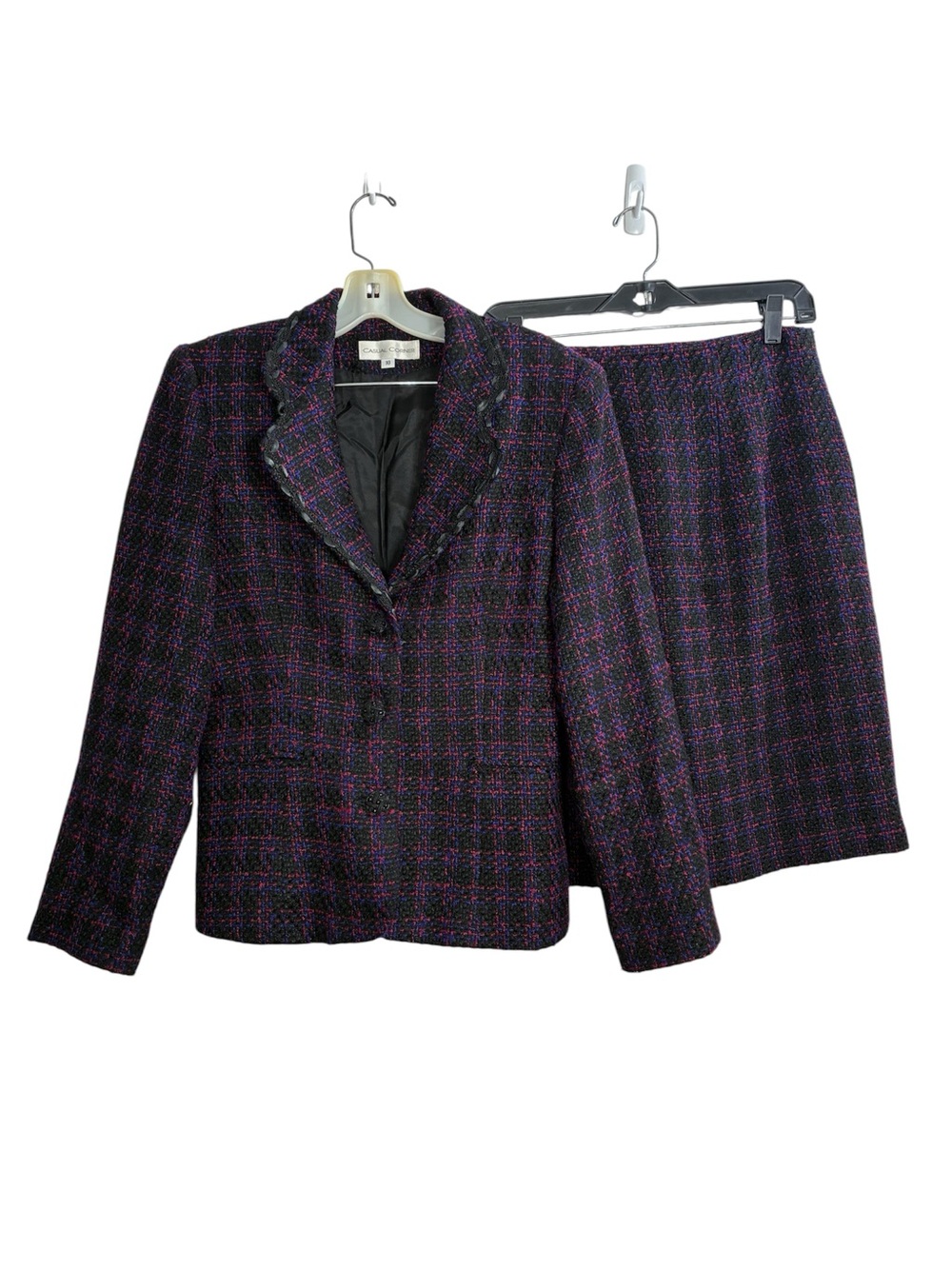 Casual Corner Purple Plaid Tweed Jacket and Skirt Set